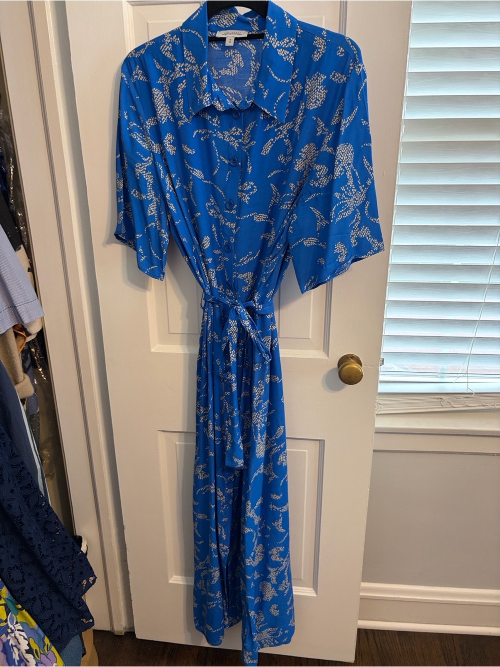 Blue Printed Midi Shirt Dress with Tie Waist